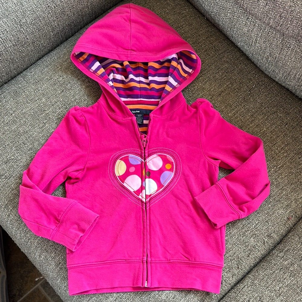 Baby Gap Toddler Girls Pink Zip Up Hoodie Heart Striped Hood Lined Size 5T